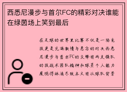 西悉尼漫步与首尔FC的精彩对决谁能在绿茵场上笑到最后