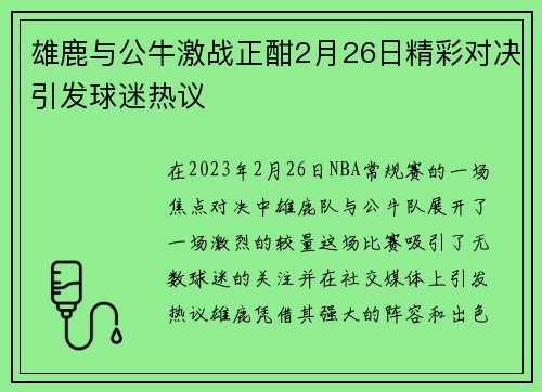 雄鹿与公牛激战正酣2月26日精彩对决引发球迷热议